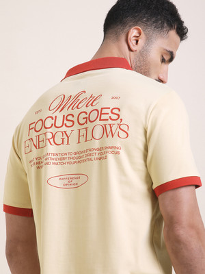 DIFFERENCE OF OPINION Printed Men Polo Neck Beige T-Shirt