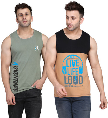 SLOWLORIS Printed, Colorblock Men Scoop Neck Black, Beige, Light Green T-Shirt