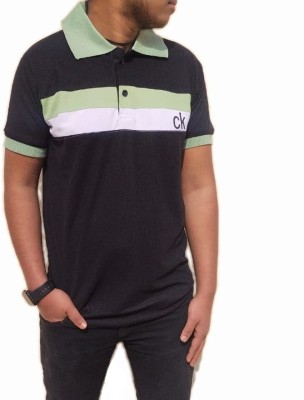 trending mens tshirt Striped Men Polo Neck Black T-Shirt