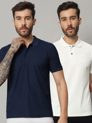 Aaustria Solid Men Polo Neck Dark Blue, White T-Shirt