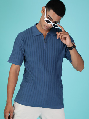 V-MART Self Design Men Polo Neck Blue T-Shirt
