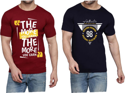 WOOSTRO Printed Men Round Neck Maroon, Dark Blue T-Shirt