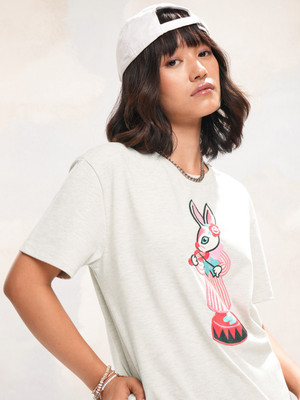 Tokyo Talkies Self Design Women Round Neck Grey T-Shirt