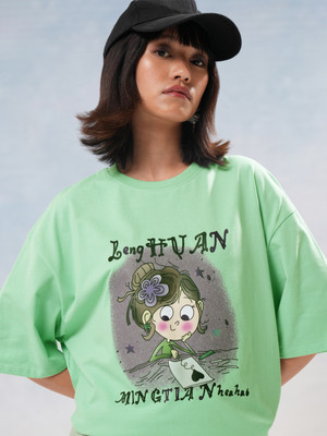 Tokyo Talkies Printed Women Round Neck Green T-Shirt