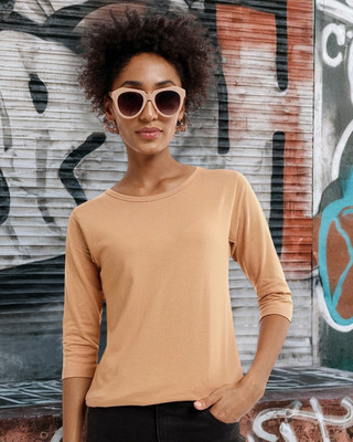 BEWAKOOF Solid Women Round Neck Brown T-Shirt