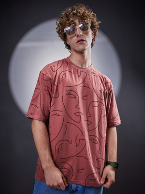 MANIAC Printed Men Round Neck Pink T-Shirt
