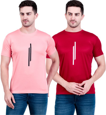 OCTOVEEJ Solid Men Round Neck Pink, Maroon T-Shirt