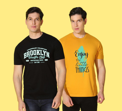 WOOSTRO Printed Men Round Neck Black, Yellow T-Shirt