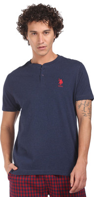 U.S. POLO ASSN. Solid Men Henley Neck Blue T-Shirt