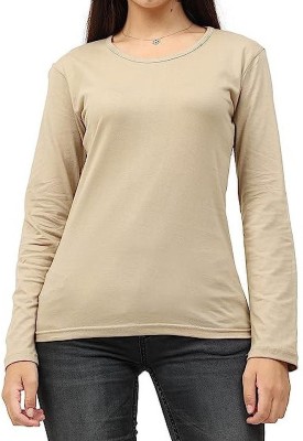 Irona Solid Women Round Neck Beige T-Shirt