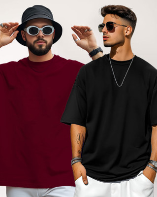 AUSK Solid Men Round Neck Maroon, Black T-Shirt