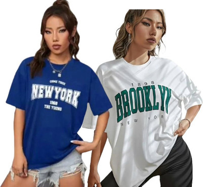 DIAZ Printed Women Round Neck Blue, White T-Shirt