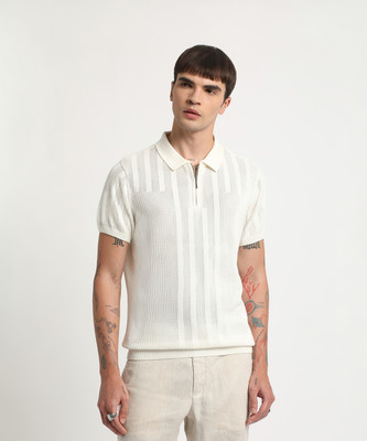 THE BEAR HOUSE Self Design Men Polo Neck White T-Shirt