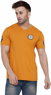 GEUM Solid Men V Neck Gold T-Shirt