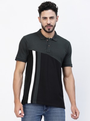 KALT Colorblock, Striped Men Polo Neck Black, White, Grey T-Shirt