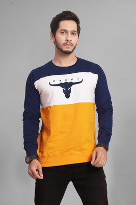 U and J Colorblock Men Round Neck Yellow T-Shirt