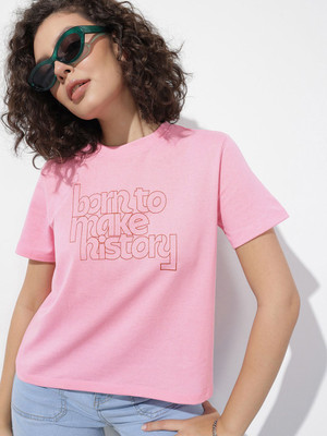 Roadster Printed Women Round Neck Pink T-Shirt