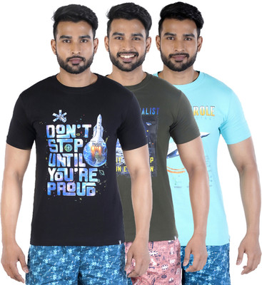 COLORS by Rupa Frontline Graphic Print Men Round Neck Black, Dark Green, Light Blue T-Shirt