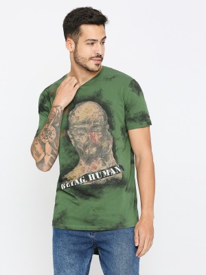 BEING HUMAN Printed Men Crew Neck Dark Green, Black T-Shirt