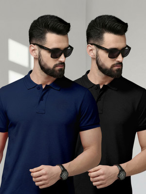 METRONAUT Solid Men Polo Neck Black, Blue T-Shirt