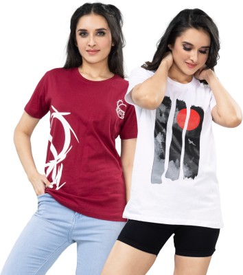 wash and wear Printed Women Round Neck Maroon, White T-Shirt