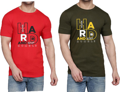 WOOSTRO Printed Men Round Neck Red, Dark Green T-Shirt