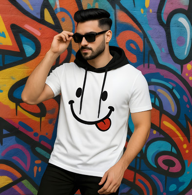 Ramawati enterprises Printed Men Hooded Neck White, Black T-Shirt