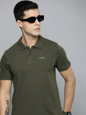R.Code by The Roadster Life Co. Solid Men Polo Neck Green T-Shirt