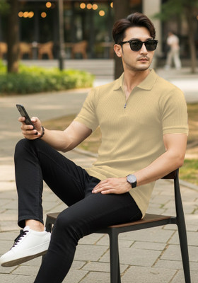 DSV ENTERPRISES Self Design Men Polo Neck Beige T-Shirt