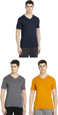 JOCKEY Solid Men V Neck Grey, Yellow, Dark Blue T-Shirt