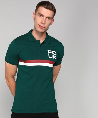 French Connection Striped Men Polo Neck Green T-Shirt