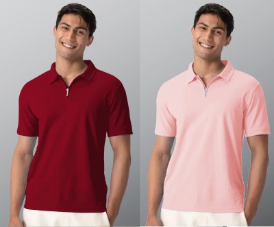 INDICLUB Solid Men Polo Neck Maroon, Pink T-Shirt