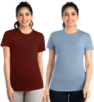 dermawear Solid Women Round Neck Maroon, Grey T-Shirt