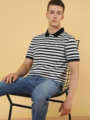 Wrangler Striped Men Polo Neck Black T-Shirt