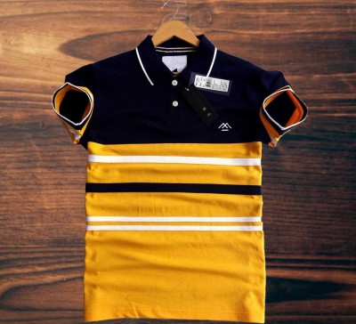 Magneto Striped Men Polo Neck Yellow T-Shirt