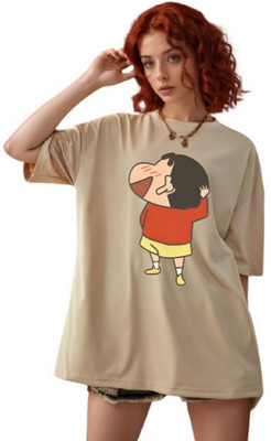 Ericia Printed, Graphic Print Women Round Neck Beige T-Shirt