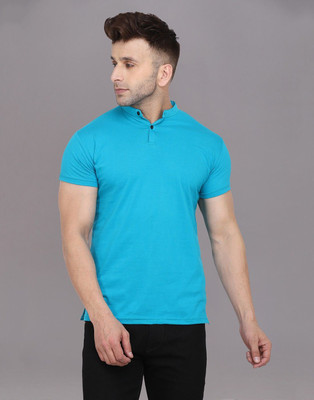 Blisstone Solid Men Mandarin Collar Light Blue T-Shirt