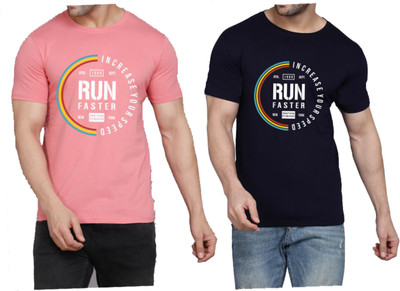WOOSTRO Printed Men Round Neck Pink, Dark Blue T-Shirt