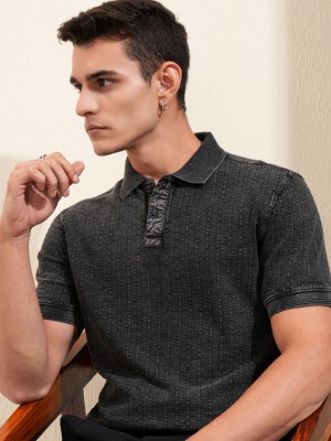 HIGHLANDER Self Design Men Polo Neck Black T-Shirt