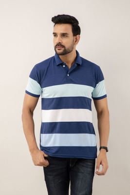 TISSORA Striped Men Polo Neck Dark Blue T-Shirt