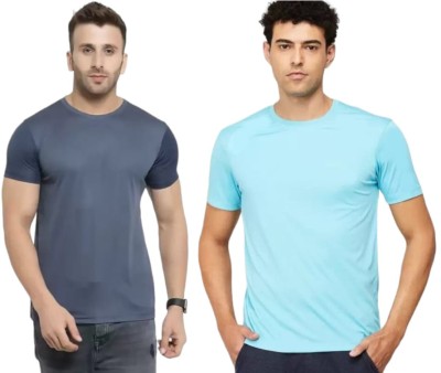 Lasmo Solid Men Round Neck Grey, Light Blue T-Shirt