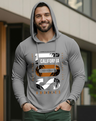 AUSK Graphic Print Men Hooded Neck Grey T-Shirt