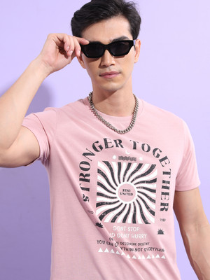 HIGHLANDER Printed, Typography Men Round Neck Pink T-Shirt