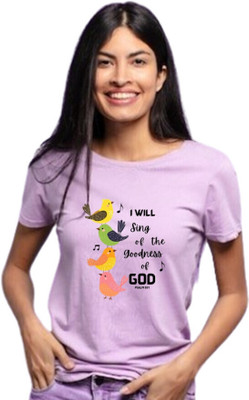 The Witty Curls Printed Women Round Neck Purple T-Shirt