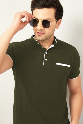 GESPO Solid Men Mandarin Collar Dark Green T-Shirt