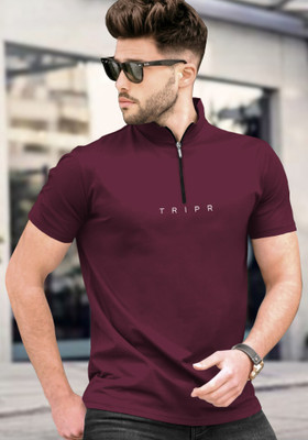 TRIPR Solid Men Mandarin Collar Maroon T-Shirt