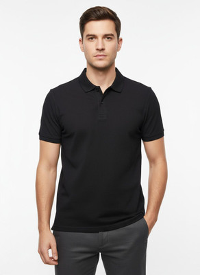 The Mirai Solid Men Polo Neck Black T-Shirt