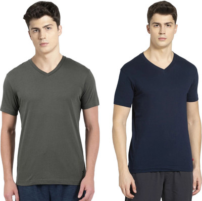 JOCKEY Solid Men V Neck Dark Green, Dark Blue T-Shirt