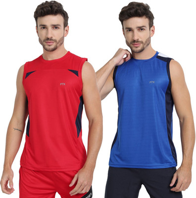 FTX Solid Men Round Neck Red, Blue T-Shirt
