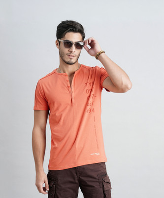 ROOKIES Solid Men Mandarin Collar Pink T-Shirt